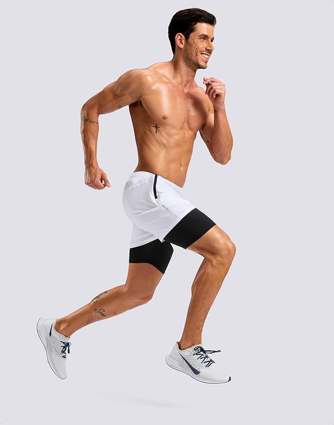 Pudolla Men's 7" Running Shorts with Zipper Pockets Quick Dry 2 in 1 Workout Gym Shorts with Liner for Tennis Yoga Training