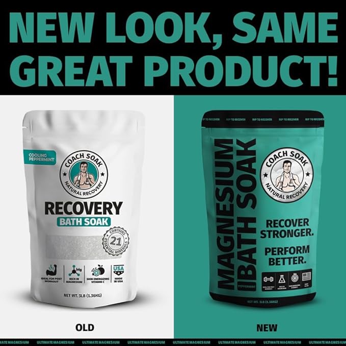 Coach Soak Recovery Bath Soak - Alternative to Epsom Salt Bath Soak - Fast-Absorbing Pure Magnesium Flakes with 21 Minerals, Bath Salts & Essential Oils - 48 oz, Cooling Peppermint