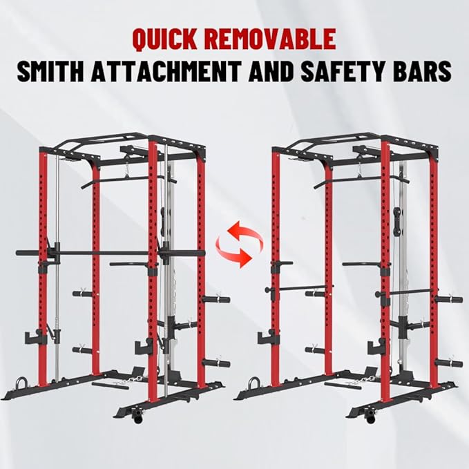 FAGUS Power Cage, Multi-Function Power Rack with LAT Pulldown, Seated Row, Cable Pulley System, J-Hooks, Dip Handles, Landmine, Squat Rack with Optional Cable Corssover, Smithe Attachment for Home Gym