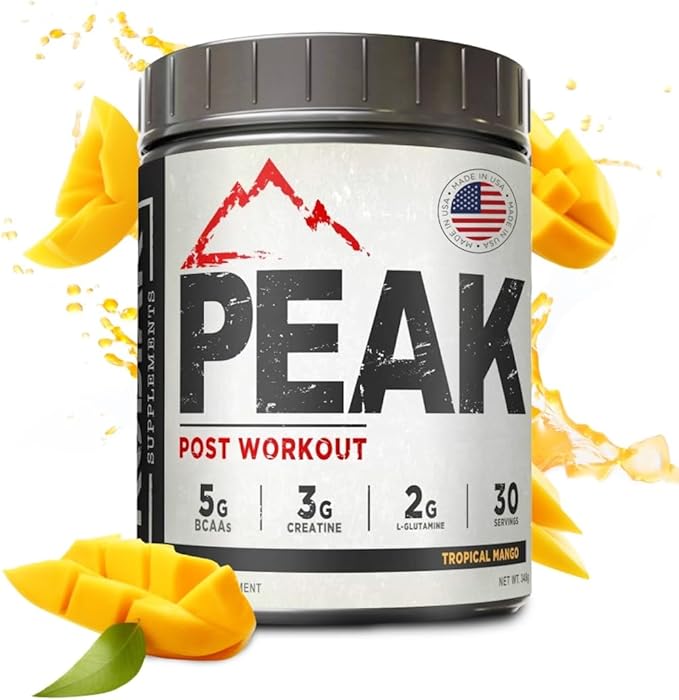 Peak Post Workout - BCAA 2:1:1 Creatine - Glutamine - Muscle Recovery and Strength Building Supplement - 30 Servings - Tropical Mango