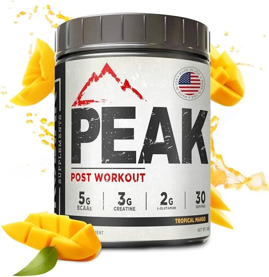 Peak Post Workout - BCAA 2:1:1 Creatine - Glutamine - Muscle Recovery and Strength Building Supplement - 30 Servings - Tropical Mango