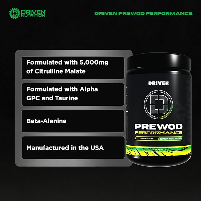 Driven PREWOD Energy Drink Powder, 25 Servings - Pre-Workout Supplement wit- Boosts Energy, Focus, Strength, & Endurance for High-Intensity Training (Performace, Lemon Headrush)