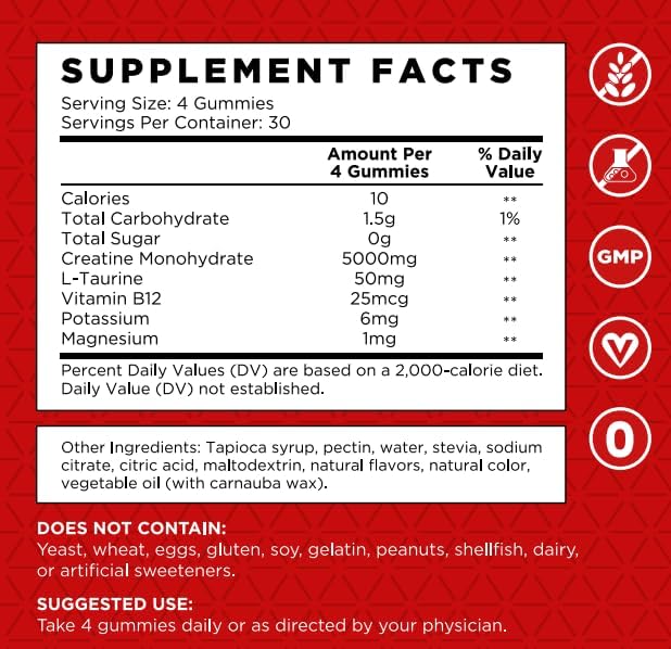 99.99% Creatine Monohydrate Gummies More 15% Strength, 5X Energy & Muscle Support Pre-Workout Complex Creatine for Women & Men with 5000mg Creatine, L-Taurine, B12, Mg & K, Low Calorie, 90 Count