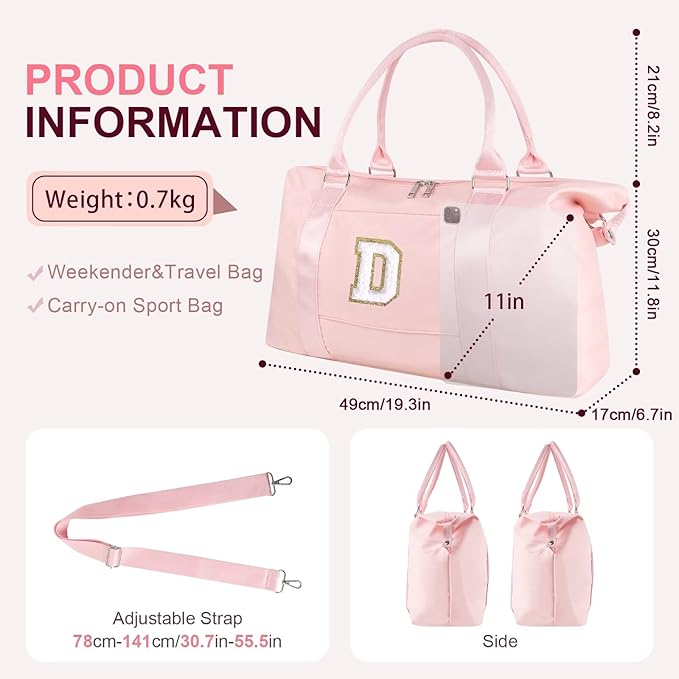 Dance Gym Duffel Bag for Teen Girls, Personalized Initial Travel Weekender Bag,Cute Overnight Carry On Duffle for Women,Sports Travel Cheer Bag,Monogram Christmas Gifts for Tween Preppy(pink-D)