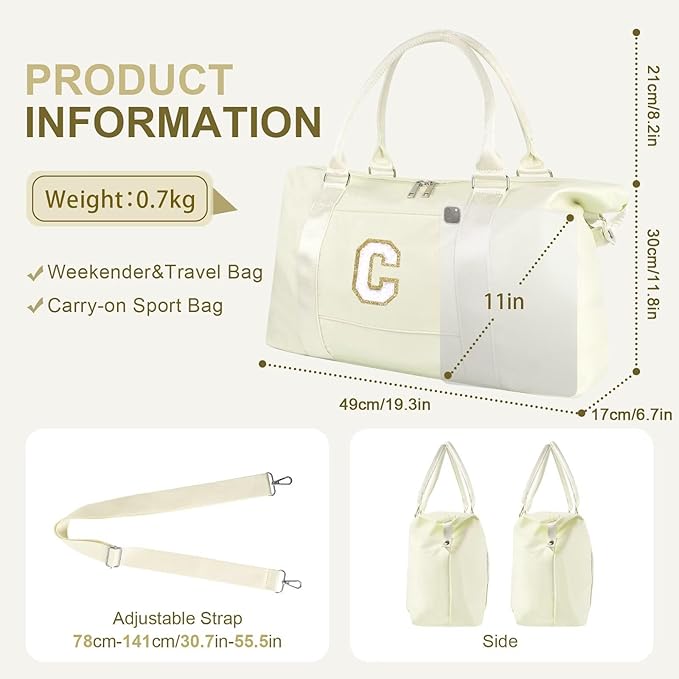 Dance Gym Duffel Bag for Teen Girls, Personalized Initial Travel Weekender Bag,Cute Overnight Carry On Duffle for Women,Sports Travel Cheer Bag,Monogram Christmas Gifts for Tween Preppy(beige-C)