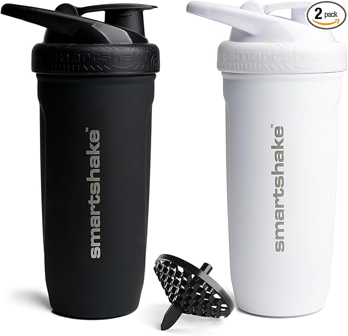 Smartshake Stainless Steel Protein Shaker Bottle for Protein Mixes 2 Pack, 30 oz | Leak Proof Shaker Cups for Protein Shakes | Blender Bottle Shaker | Protein Shaker Pack, Non-Insulated, Black & White