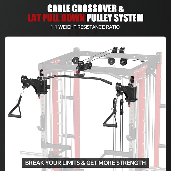 Commercial Smith Machine with Smith Bar, 4000LBS Power Cage Squat Rack with Lever Arm, Leg Press, LAT Pull Down System, Multi-Function Linear Bearing Cable Crossover Machine for Home Gym