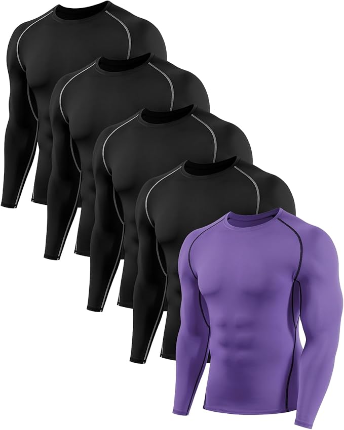 5,6 Pack Men's Compression Shirts Long Sleeve Rash Guard Workout Undershirt Base Layer Athletic Shirt