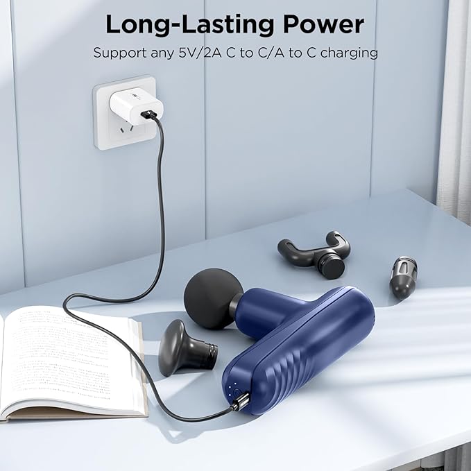 Mini Massage Gun, Powerful Handheld Muscle Massager for Back Pain Relief, Deep Tissue Percussion Small Massage Gun Travel Massager with 4 Massage Heads Silent Brushless Motor, Blue