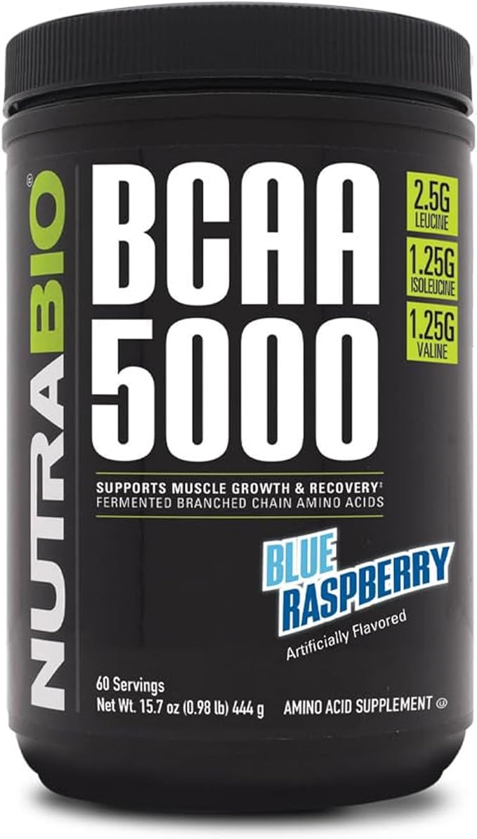 NutraBio BCAA 5000 Powder - Vegan Fermented BCAAs - Supports Lean Muscle Growth, Recovery, Endurance - 60 Servings - Blue Raspberry