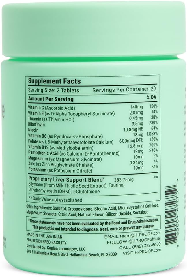 H-PROOF The Anytime You Drink Vitamin, Liver Health & Immunity Support with Electrolytes, Milk Thistle, and Vitamins B & C - 40 Chewable Tablets (20 Servings), Vegan, Tangerine
