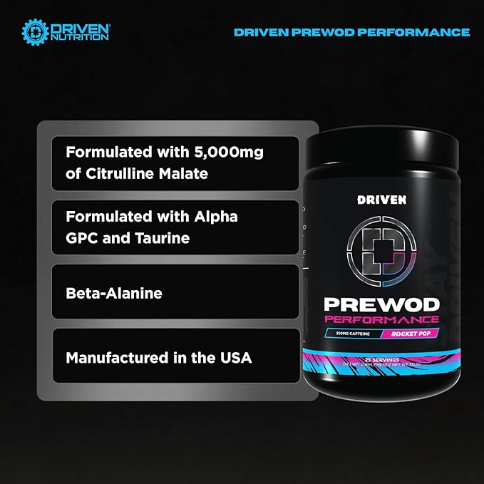 Driven PREWOD Energy Drink Powder, 25 Servings - Pre-Workout Supplement wit- Boosts Energy, Focus, Strength, & Endurance for High-Intensity Training (Performace, Rocket Pop)
