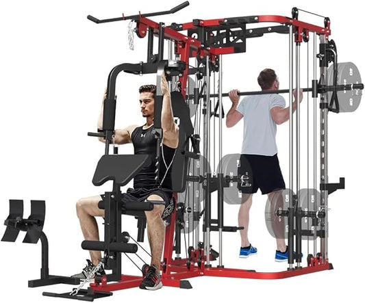 All in One Home Gym System Workout Station, Multi-Function Smithe Machine Power Cage with Cable Crossover System, Tripe-Sided Independent Load Posts, Functional Trainer for Full Body Training
