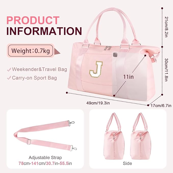 Dance Gym Duffel Bag for Teen Girls, Personalized Initial Travel Weekender Bag,Cute Overnight Carry On Duffle for Women,Sports Travel Cheer Bag,Monogram Christmas Gifts for Tween Preppy(pink-J)