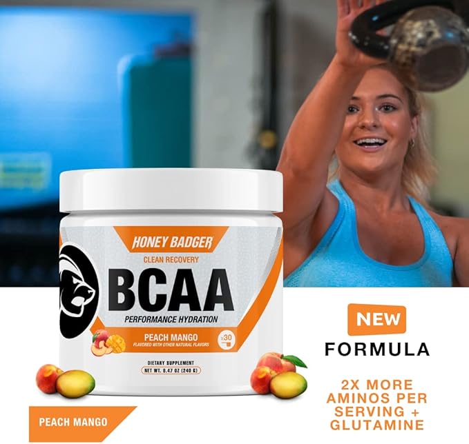 Honey Badger BCAA + EAA Amino Acids Powder, BCAAs + L-Glutamine, Keto, Vegan, Sugar Free for Men & Women, Hydration & Post Workout Muscle Recovery Drink Mix, Peach Mango, 30 Servings