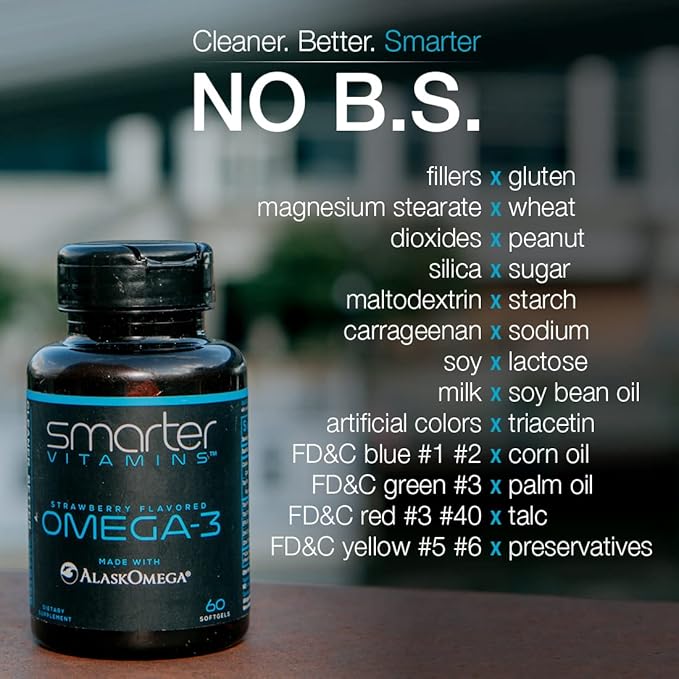 SmarterVitamins Omega 3 Fish Oil, Strawberry Flavor, Burpless, Tasteless, 2000mg, DHA EPA Triple Strength, Made with AlaskOmega®