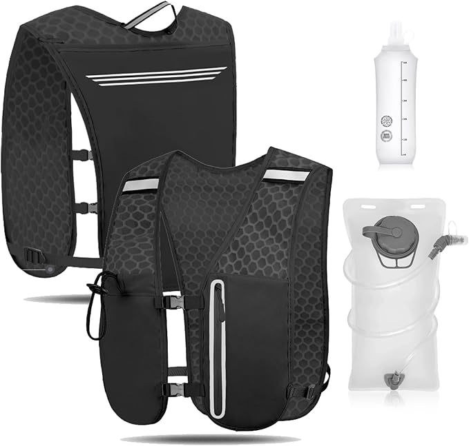 Unisex Running Vest Running Backpack - Adjustable Size Lightweight Trail Hydration Vest with 2L Bladder & 500ml Soft Flask, Mesh, Large Phone Pocket for Night Walking, Marathon(Reflective Strips)