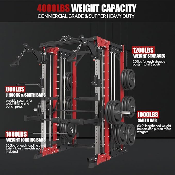 Commercial Smith Machine with Smith Bar, 4000LBS Power Cage Squat Rack with Lever Arm, Leg Press, LAT Pull Down System, Multi-Function Linear Bearing Cable Crossover Machine for Home Gym