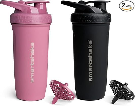 Smartshake Stainless Steel Protein Shaker Bottle for Protein Mixes 2 Pack, 30 oz | Leak Proof Shaker Cups for Protein Shakes | Blender Bottle Shaker | Protein Shaker Pack | Non-Insulated, Black & Pink