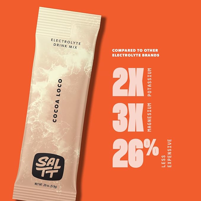 SALTT Electrolytes Powder Flavored Drink Mix - Cocoa Loco - 30 Hydration Packets - Magnesium, Potassium, Sodium, Trace Minerals - Zero Sugar & Gluten Free - Travel Essentials