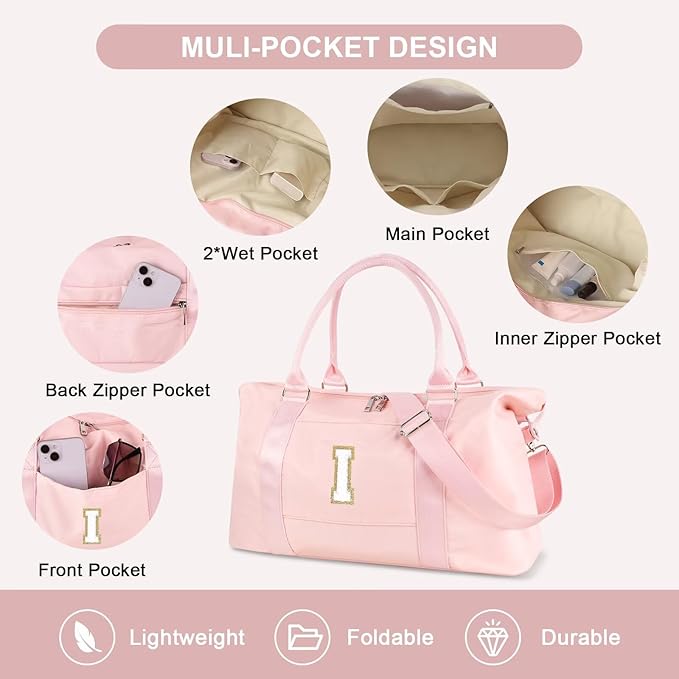 Dance Gym Duffel Bag for Teen Girls, Personalized Initial Travel Weekender Bag,Cute Overnight Carry On Duffle for Women,Sports Travel Cheer Bag,Monogram Christmas Gifts for Tween Preppy(pink-I)