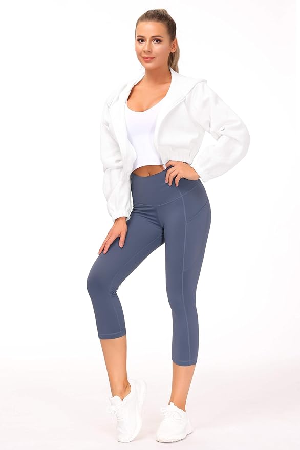 THE GYM PEOPLE Thick High Waist Capris Yoga Pants with Pockets, Tummy Control Workout Running Yoga Leggings for Women