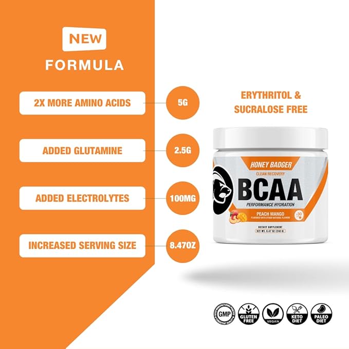 Honey Badger BCAA + EAA Amino Acids Powder, BCAAs + L-Glutamine, Keto, Vegan, Sugar Free for Men & Women, Hydration & Post Workout Muscle Recovery Drink Mix, Peach Mango, 30 Servings