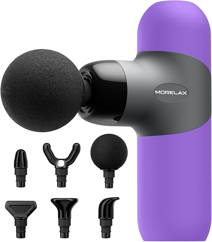 Morelax Mini Massage Gun Portable Deep Tissue Muscle Percussion Massager, Electric Handheld Sport Massager with 6 Massage Heads 4 Speed, Best Gift (Purple)