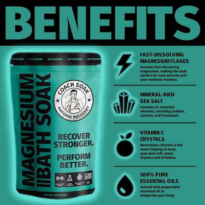 Coach Soak Recovery Bath Soak - Alternative to Epsom Salt Bath Soak - Fast-Absorbing Pure Magnesium Flakes with 21 Minerals, Bath Salts & Essential Oils - 48 oz, Cooling Peppermint