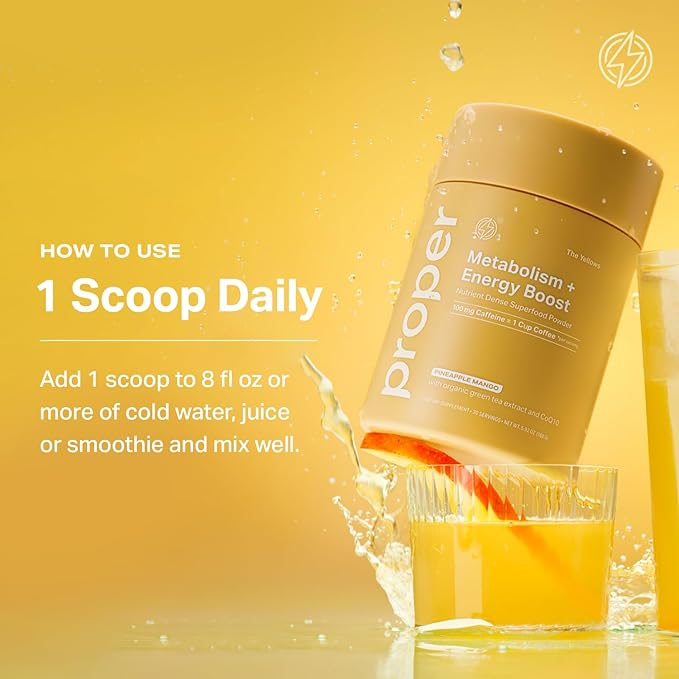 Proper, The Yellows Metabolism and Energy Boost, Sugar Free Energy Drink Powder with 100mg Caffeine. 30 Servings, Pineapple Mango Drink Mix for Men and Women