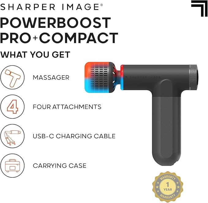 Sharper Image® Powerboost® Pro+ Hot & Cold Compact Deep Tissue Massage Gun - 6 Speed, 4 Attachments, Travel Case| Soothing Heat & Cold Therapy| Portable Lightweight Full Body Shoulder & Back Massager