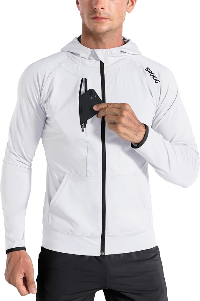 BROKIG Mens WindBreak Lightweight Running Jackets with Zip Pocket, Workout Track Hoodie Athletic Gym Sweatshirts Men