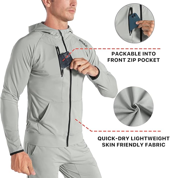 BROKIG Mens WindBreak Lightweight Running Jackets with Zip Pocket, Workout Track Hoodie Athletic Gym Sweatshirts Men