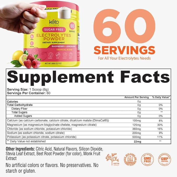 Keto Vitals Electrolytes Powder - Sugar Free Keto Electrolytes Powder with Potassium, Magnesium, Sodium, & Calcium - No Sugar Electrolyte Drink Mix & Hydration Powder, 60 Servings, Raspberry Lemonade