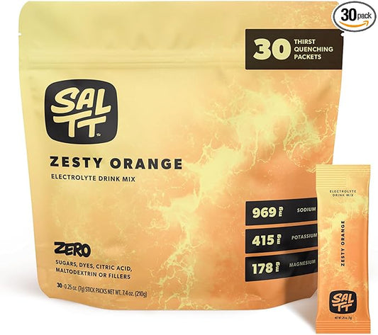 SALTT Electrolytes Powder Flavored Drink Mix - Zesty Orange - 30 Hydration Packets - Magnesium, Potassium, Sodium, Trace Minerals - Zero Sugar & Gluten Free - Travel Essentials
