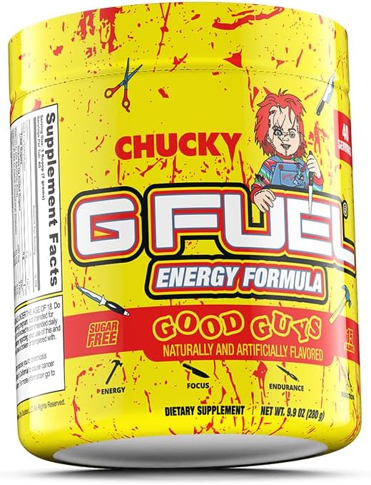 G Fuel Chucky Good Guys Energy Drink Powder, Pre Workout Caffeine Mix for Gaming, Sugar Free Focus Amino, Vitamin + Antioxidants, 9.9oz (Tropical Blood Orange, 40 Servings)
