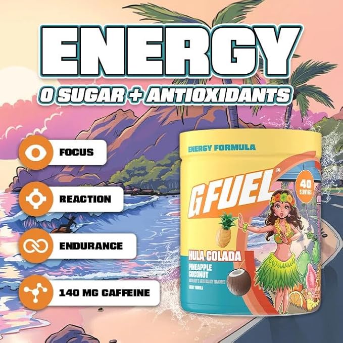 G Fuel Hula Colada Energy Drink Powder, Pre Workout Caffeine Mix for Gaming, Sugar Free Focus Amino, Vitamin + Antioxidants, 9.8oz (Pineapple Coconut, 40 Servings)