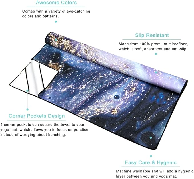 QiyI Yoga Mat Towel with Corner Pockets, Non Slip Sweat Absorbent Hot Yoga Towels, Soft Yoga Blankets with Travel Bag, Skidless Mat Cover for Workout, Gym, Fitness - 74"x26", Purple Gold Marble
