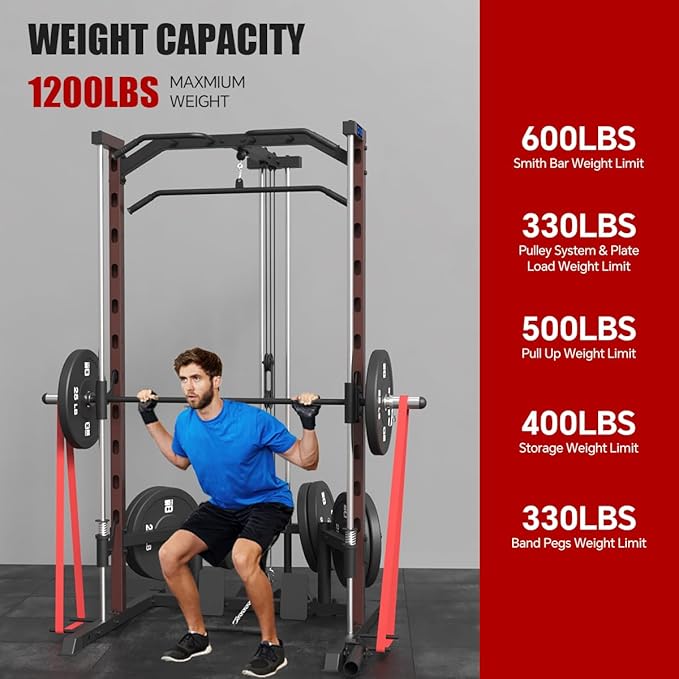 FAGUS Smith Machine Home Gym Power Cage with Pulley System, Space Saving Design Squat Rack with Full Body Strength Training Attachments, PEC Station & Fixed Cable Crossover Optional