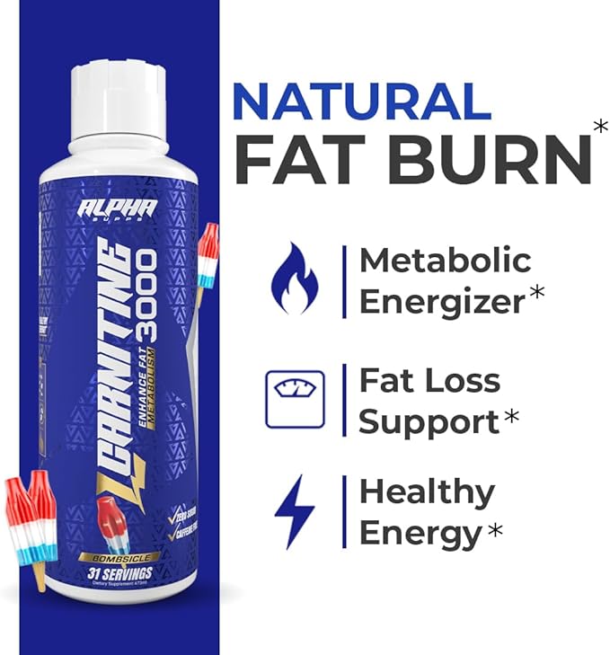 Alpha Supps L Carnitine Liquid 3000 | Stimulant-Free L-Carnitine Supplement for Men & Women | Pre-Workout Energy Boost & Muscle Recovery | Zero Sugar, Fat, & Carbs | 31 Servings (Bombsicle)