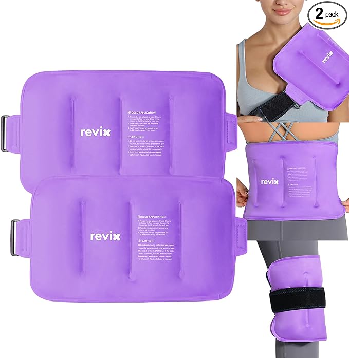 REVIX 2-Pack Large Cold Packs for Back, Rotator Cuff, Hip, Knee, and Shin, Versatile Cold Compress with Soft Plush Lining and Strap, 16" × 9"