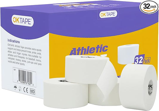 OK TAPE Athletic Sports Tape（32-Rolls - 45ft Per Roll Very Strong Tape for Athlete & Sport Trainers & First Aid Injury Wrap, Perfect for Fingers Ankles Wrist on Bat, Hockey Stick - White