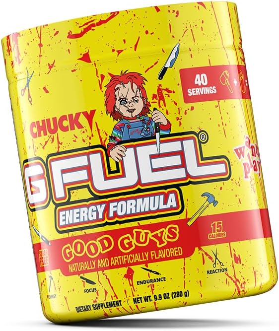 G Fuel Chucky Good Guys Energy Drink Powder, Pre Workout Caffeine Mix for Gaming, Sugar Free Focus Amino, Vitamin + Antioxidants, 9.9oz (Tropical Blood Orange, 40 Servings)