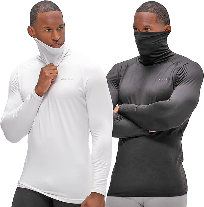 DEVOPS 2 Pack Men's Thermal Turtle Mock Neck Shirts, Compression Long Sleeve Tops and Hoodies