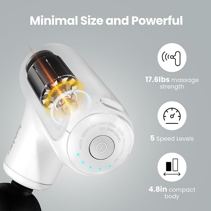 Super Mini Massage Gun Deep Tissue with 5 Speeds, Small Travel Size Percussion Muscle Massager for Pain Relief with 4 Attachments, Handheld Portable Massager Gun for Man & Women, White