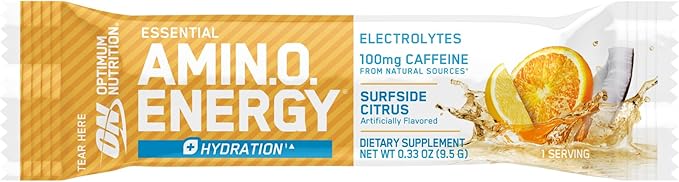 Optimum Nutrition Amino Energy Plus Hydration Packets, On-The-Go Caffiene Stick Packs, Surfside Citrus, 25 Count