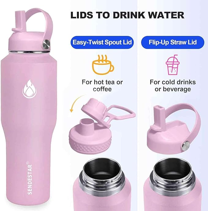 SENDESTAR 32oz Water Bottle Wide Mouth Stainless Steel Vacuum Insulated Double Wall with Straw Lids Fit in Any Car Cup Holder,Peach