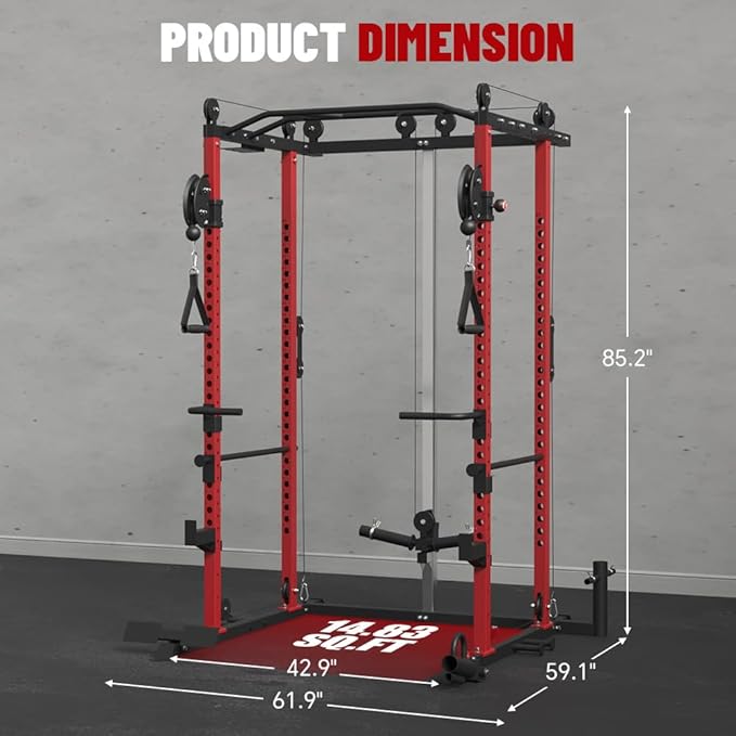 FAGUS Power Cage, Multi-Function Power Rack with LAT Pulldown, Seated Row, Cable Pulley System, J-Hooks, Dip Handles, Landmine, Squat Rack with Optional Cable Corssover, Smithe Attachment for Home Gym