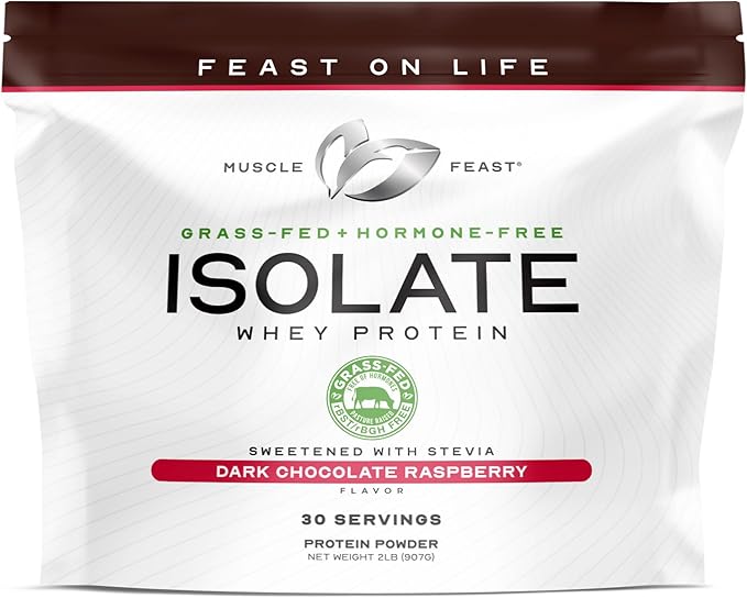 Muscle Feast Grass-Fed Whey Protein Isolate, All Natural Hormone Free Pasture Raised, Whey Isolate Protein Powder for Men and Women, Clean and Delicious, Gluten-Free - Dark Chocolate Raspberry, 2lb