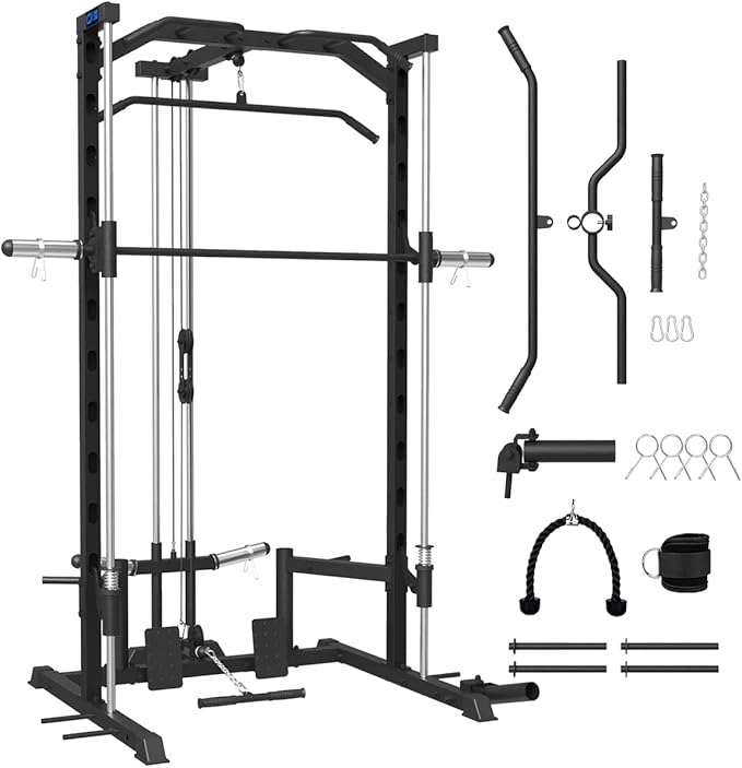 FAGUS Smith Machine Home Gym Power Cage with Pulley System, Space Saving Design Squat Rack with Full Body Strength Training Attachments, PEC Station & Fixed Cable Crossover Optional